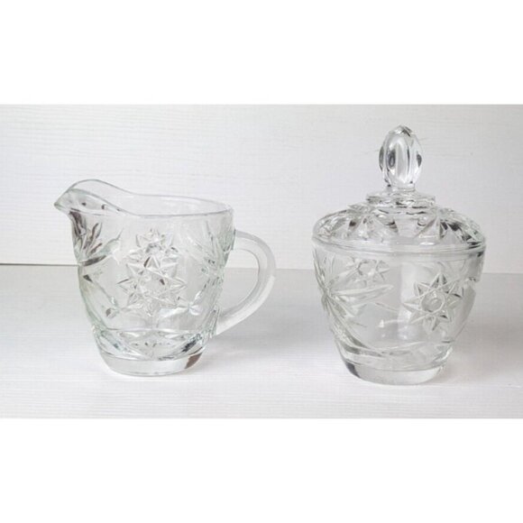 Vintage Pressed Glass Lidded Sugar and Creamer Set Star Pattern 3-1/2" - Picture 1 of 13